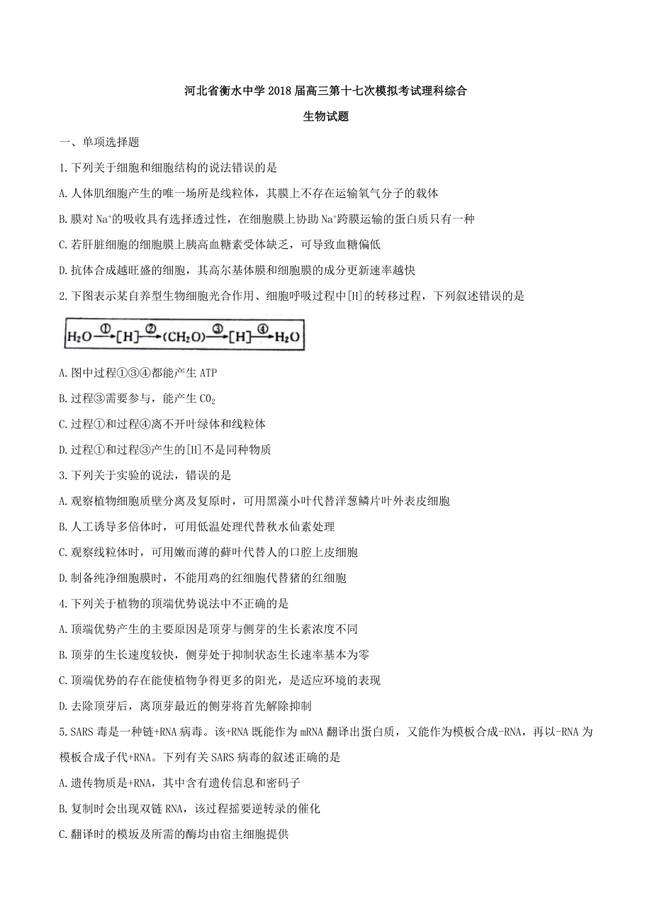 【全国百强校word】河北省衡水中学2018届高三第十七次模拟考试理科综合生物试题.doc_第1页