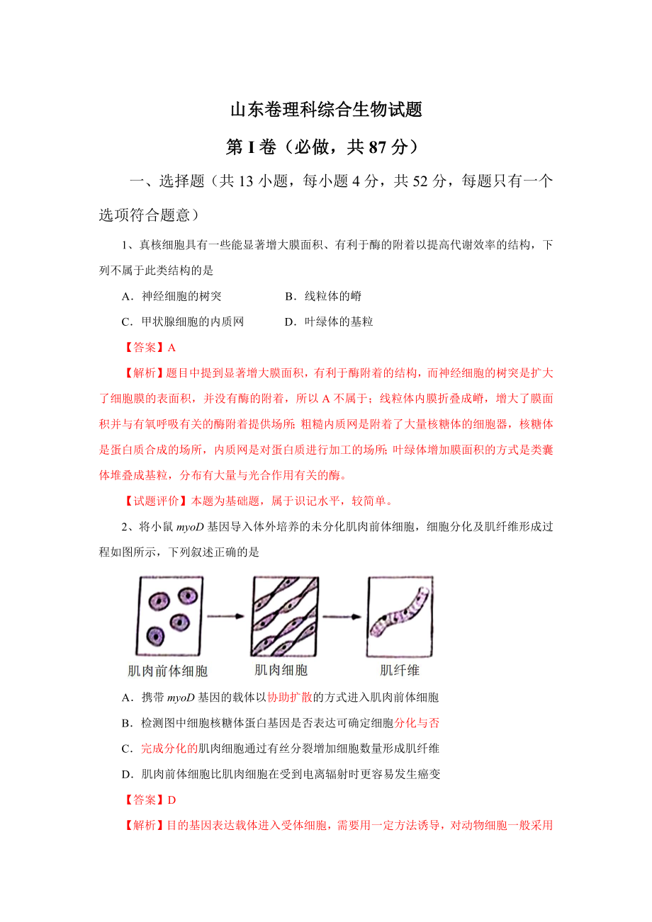 2013年高考生物真题（山东自主命题）（解析版）.docx_第1页