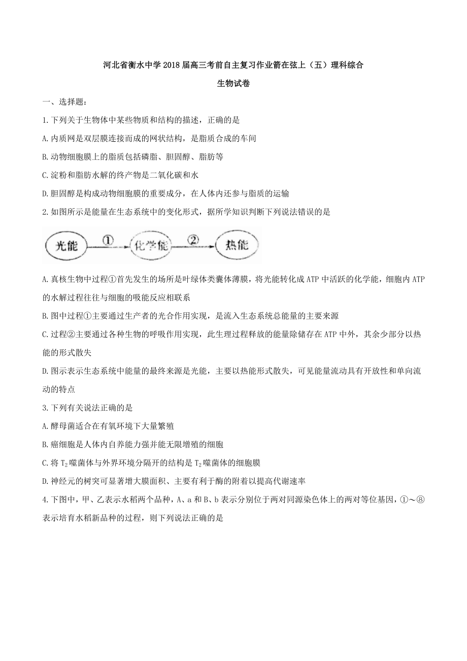 【全国百强校word】河北省衡水中学2018届高三考前自主复习作业箭在弦上（五）理科综合生物试卷.doc_第1页