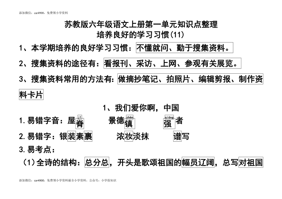 2016最新苏教版六年级语文上册所有单元知识点整理 71页（网资源）.doc_第1页