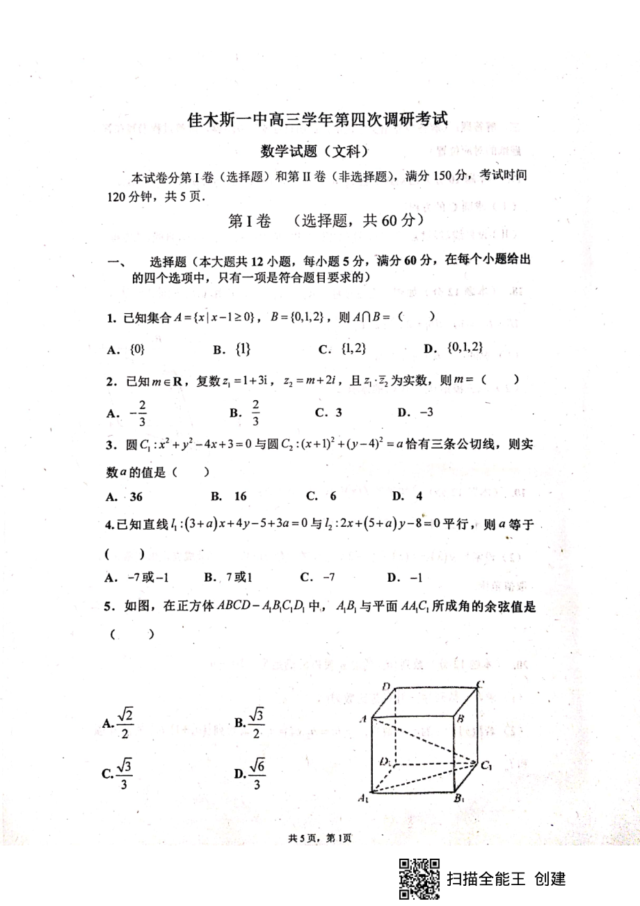 2020届黑龙江省佳木斯市第一中学高三上学期第四次调考（11月）数学（文）试题 PDF版.pdf_第1页