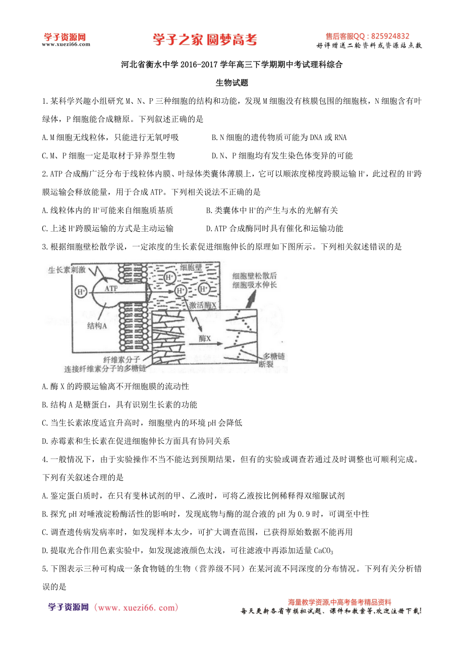 【全国百强校word】河北省衡水中学2017届高三下学期期中考试理科综合生物试题.doc_第1页