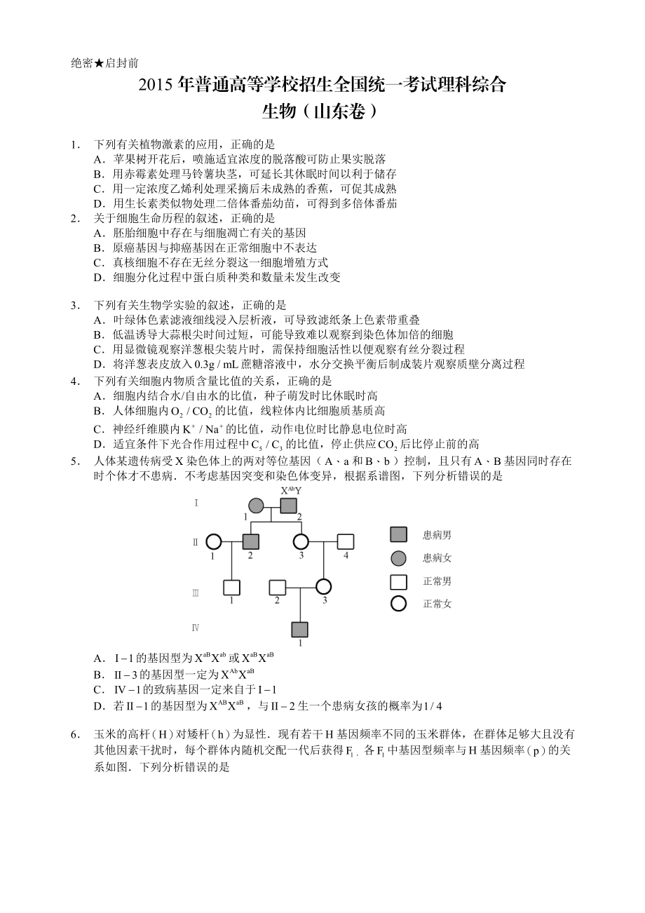 2015年高考生物真题（山东自主命题）（原卷版）.docx_第1页