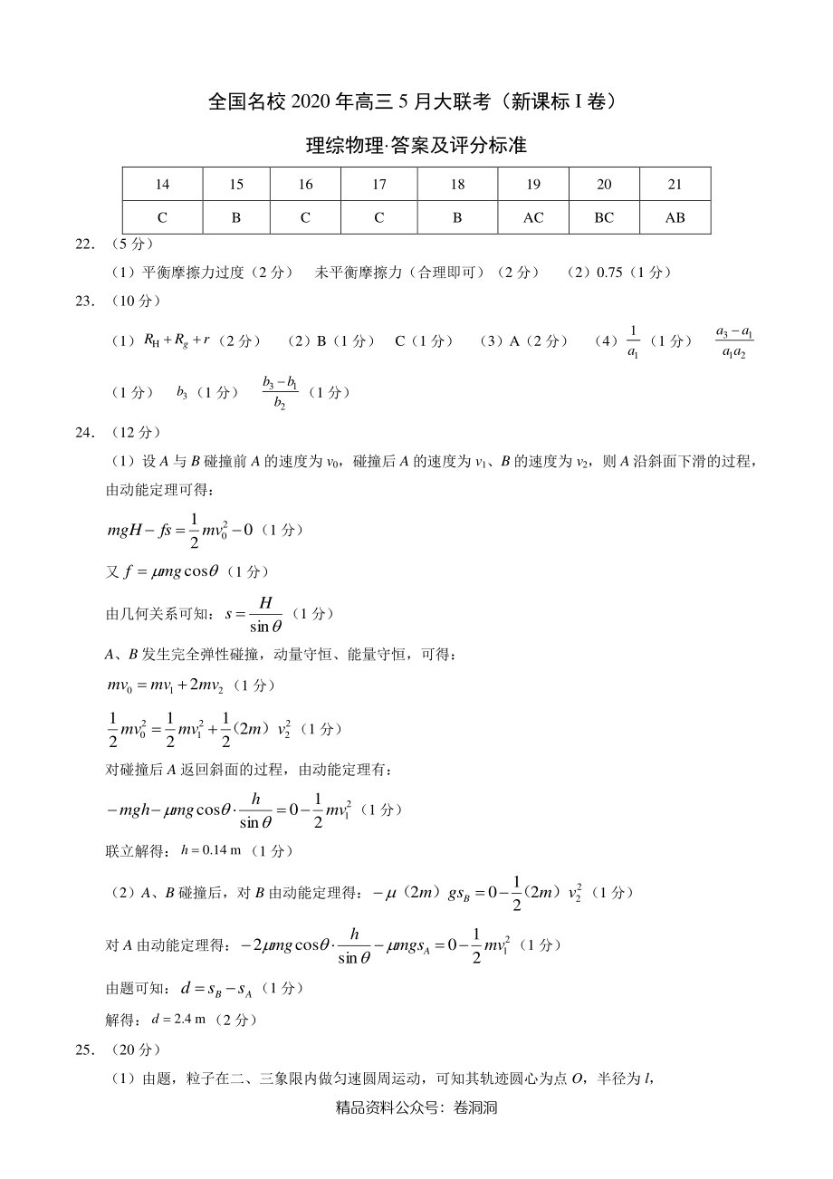 物理-全国名校2020年高三5月大联考（新课标I卷）（答案及评分标准）.pdf_第1页