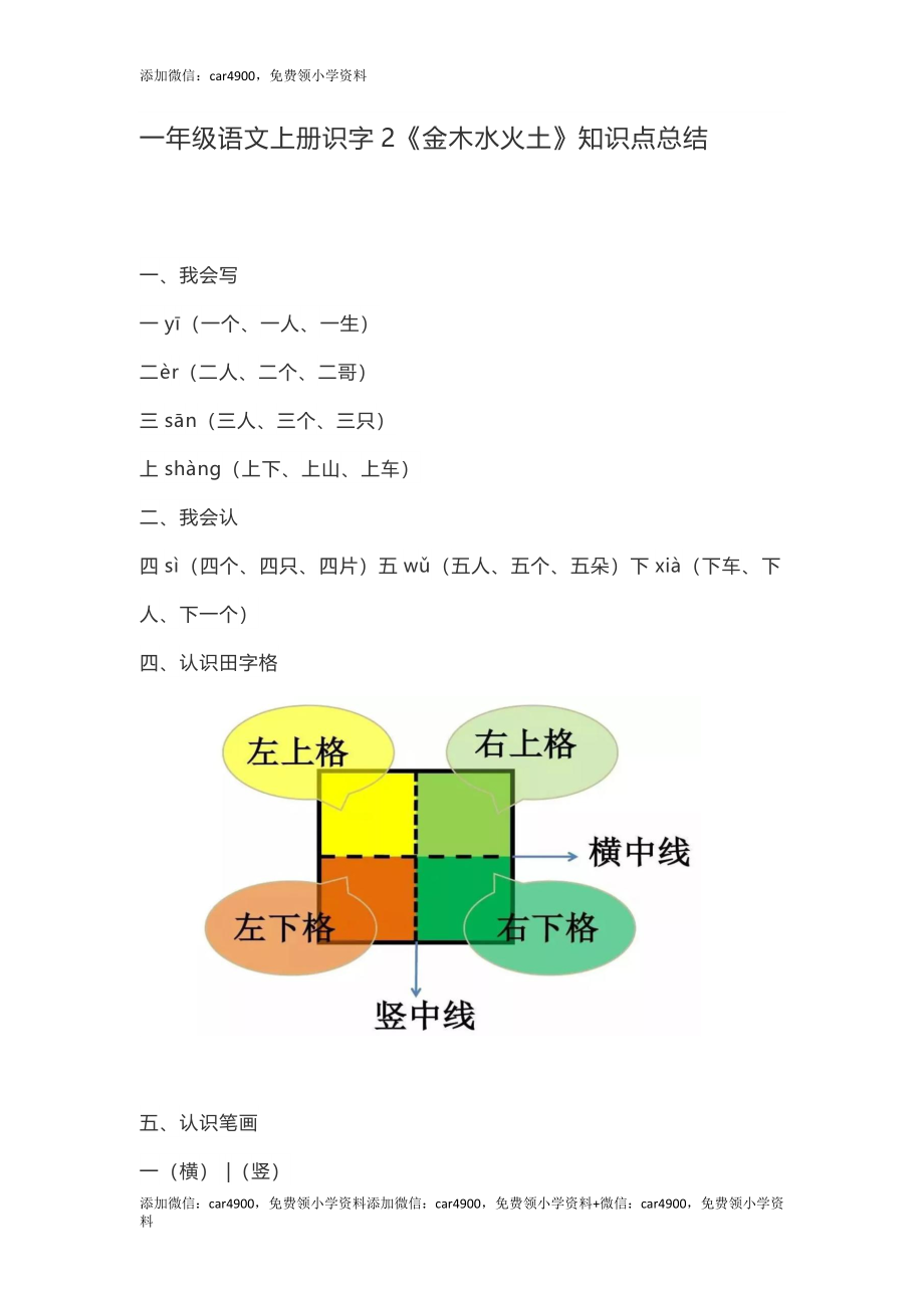 一（上）语文识字2《金木水火土》知识点总结 +.docx_第1页