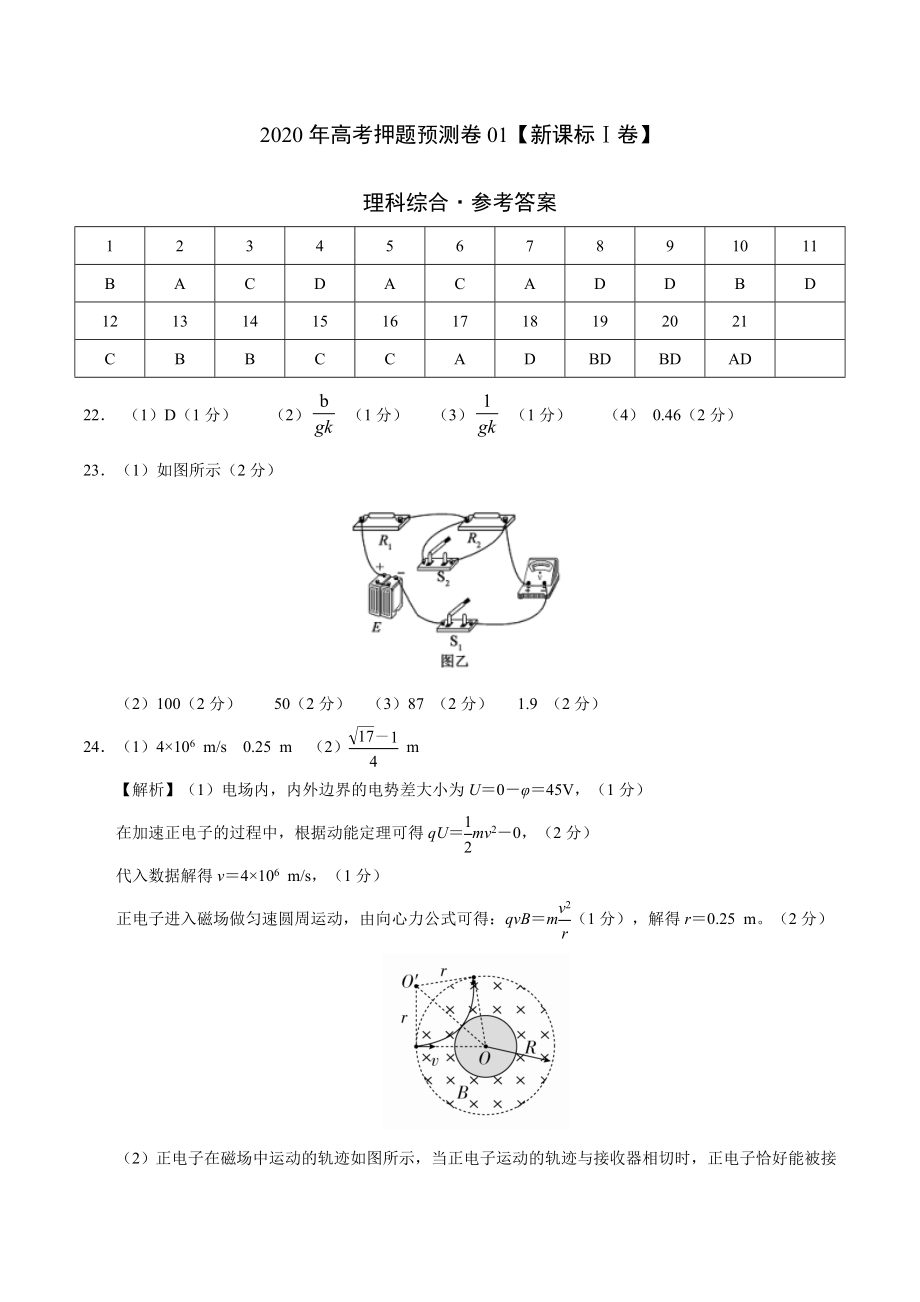 2020年高考押题预测卷01（新课标Ⅰ卷）-理科综合（参考答案）.doc_第1页