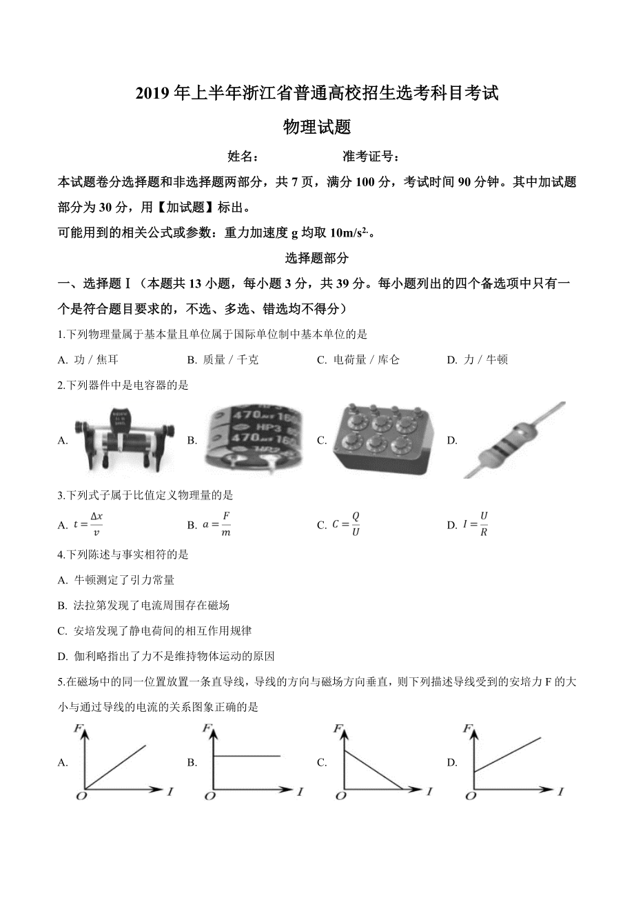 2019年浙江高考物理【4月】（解析版）.doc_第1页