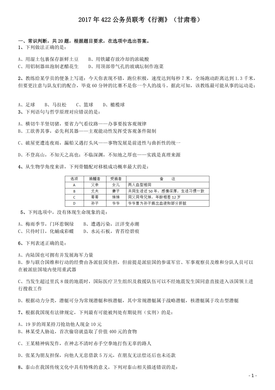 2017年422公务员联考《行测》真题（甘肃卷）.pdf_第1页