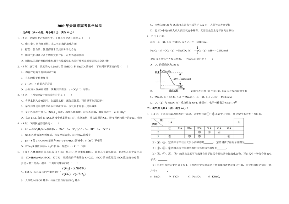 2009年天津市高考化学试卷.pdf_第1页