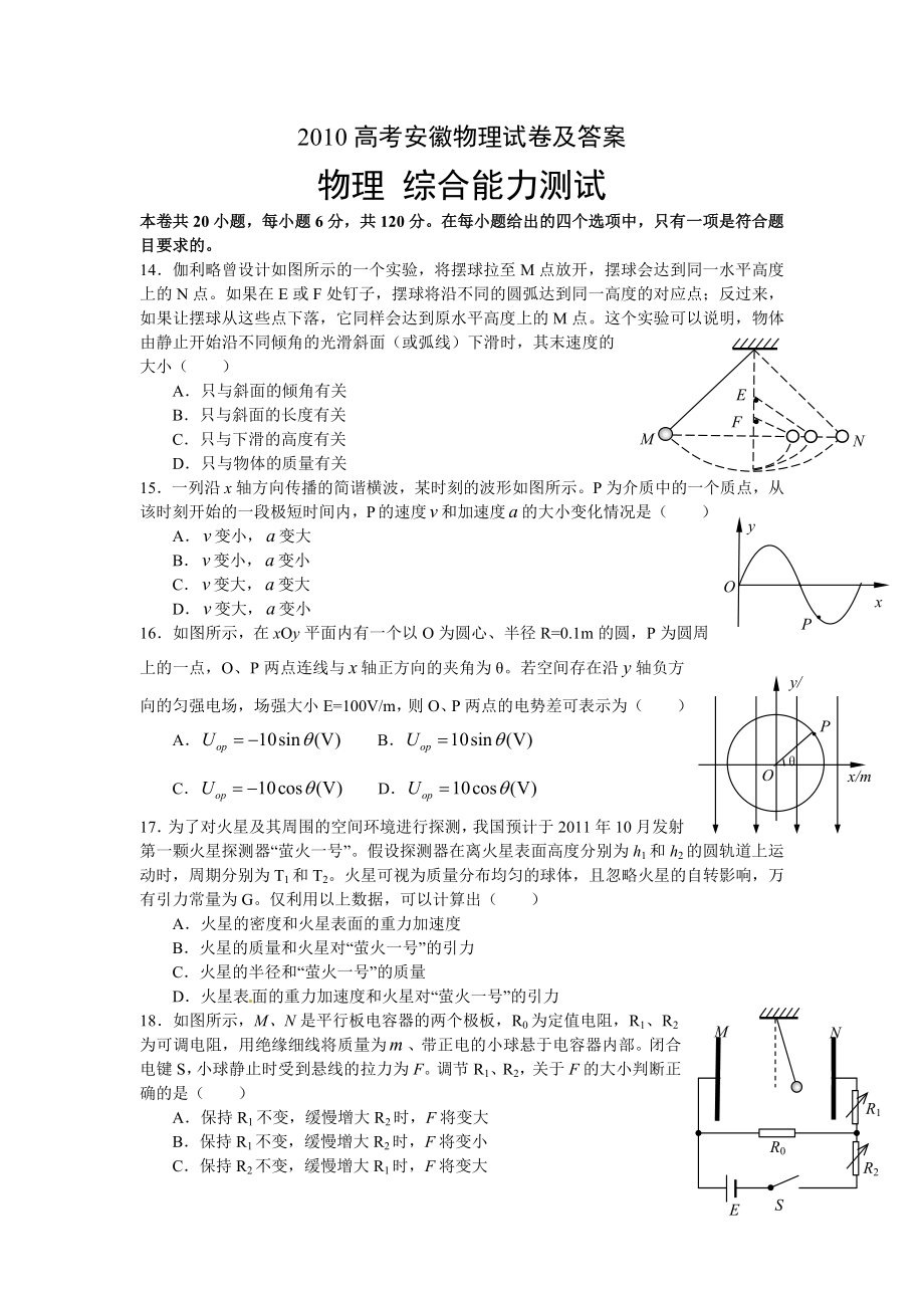 2010年高考物理真题（安徽自主命题）.docx_第1页