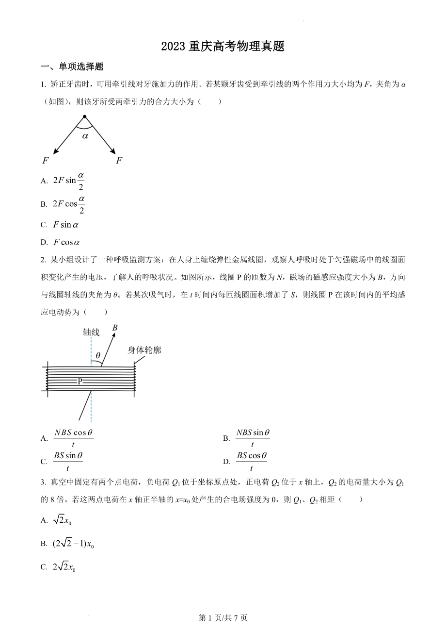 2023年高考重庆卷物理真题（原卷版）.docx_第1页