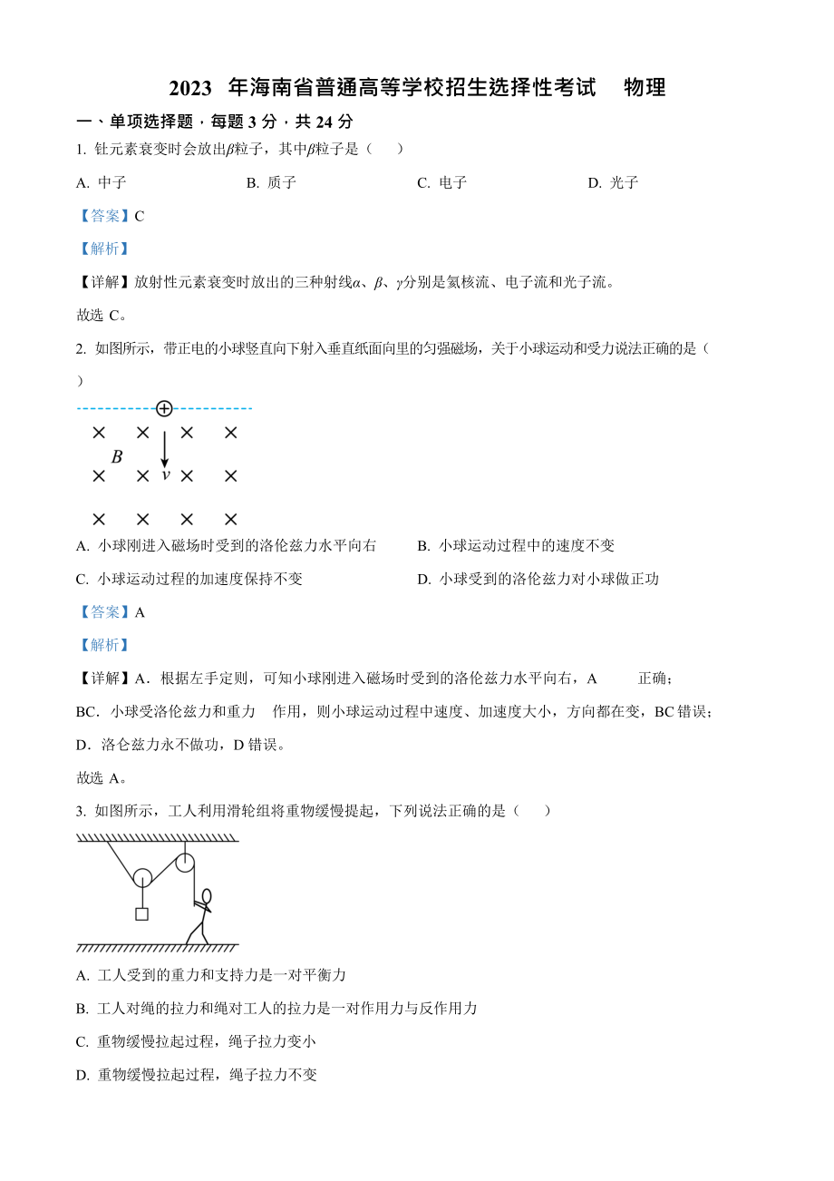 2023年高考物理真题（海南自主命题）（解析版）.docx_第1页