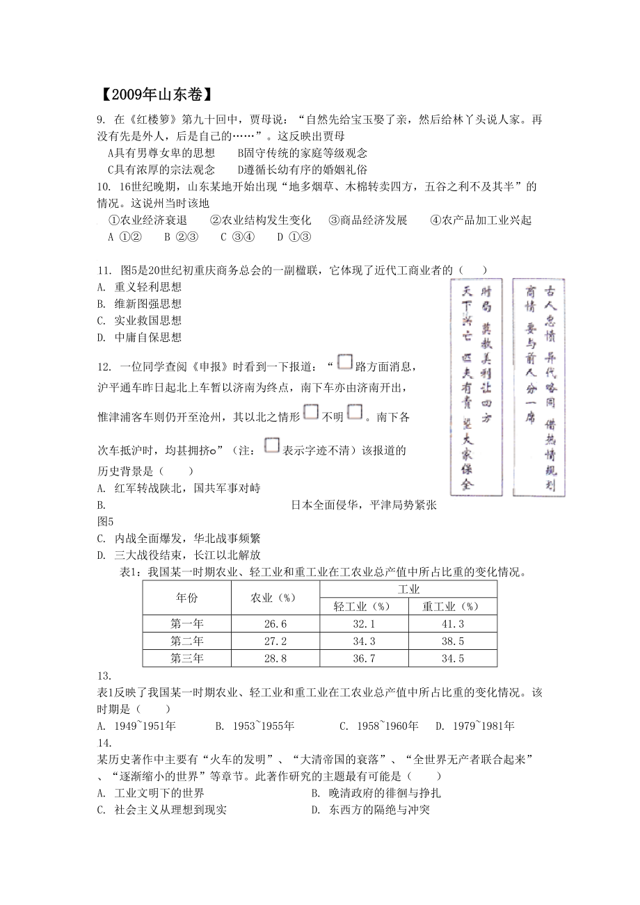 2009年高考历史真题（山东自主命题）（原卷版）.doc_第1页