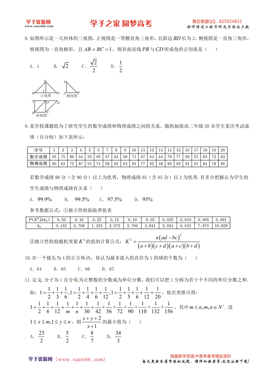 优质解析：河北省衡水中学2016届高三下学期一模考试数学（理）试题（原卷版）.doc_第2页