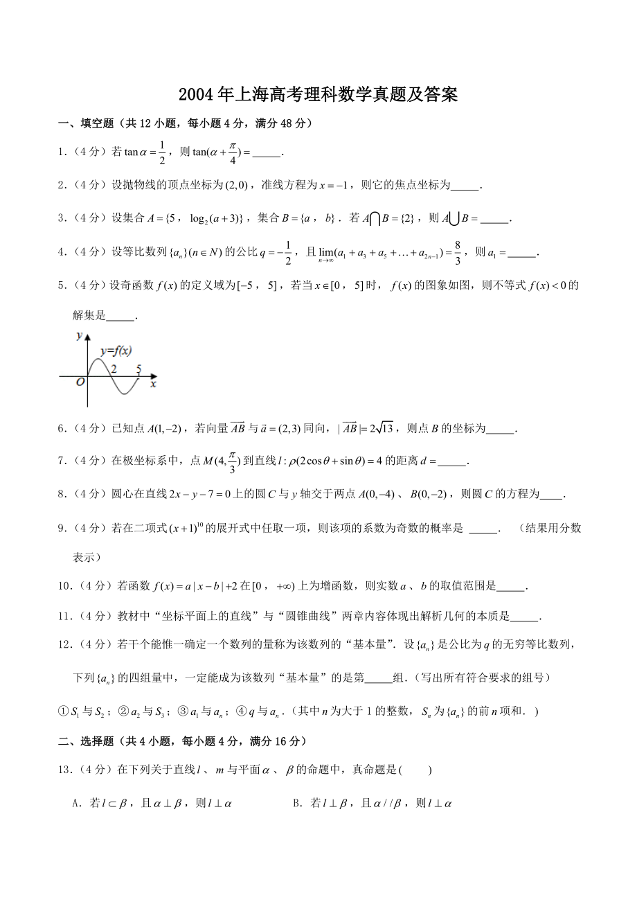 2004年上海高考理科数学真题及答案.doc_第1页