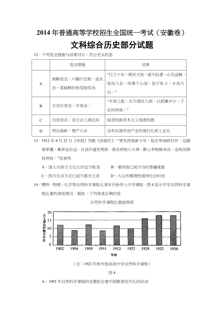 2014年高考历史真题（安徽自主命题）(解析).doc_第1页