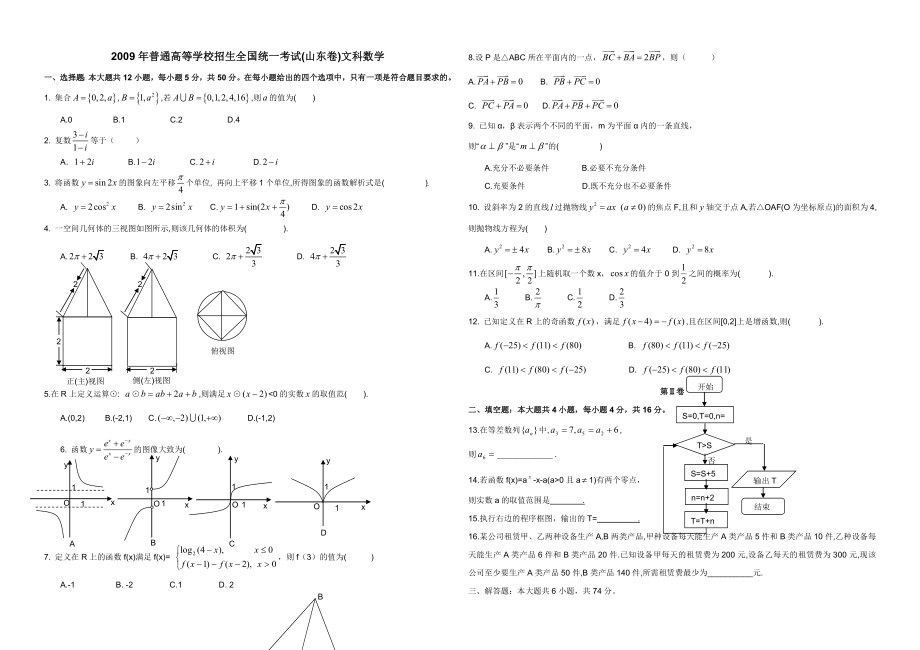 2009年高考真题数学【文】(山东卷)（原卷版).doc_第1页