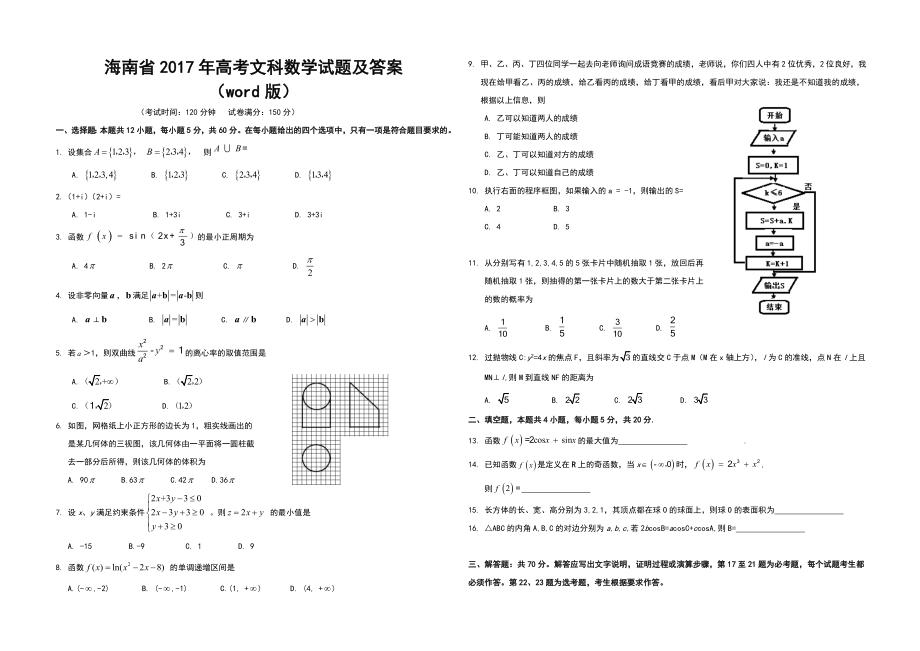 2017年海南省高考数学试题及答案（文科）.doc_第1页