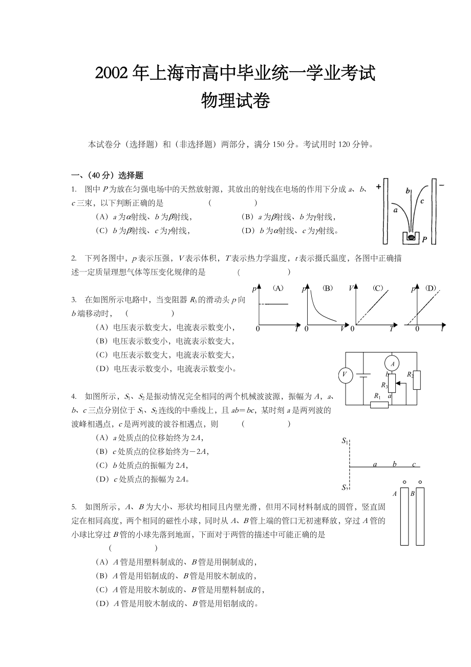 2002年上海市高中学业水平考试物理试卷及答案.doc_第1页