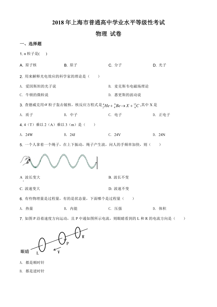 2018年上海市高中学业水平考试物理试卷（原卷版）.doc_第1页