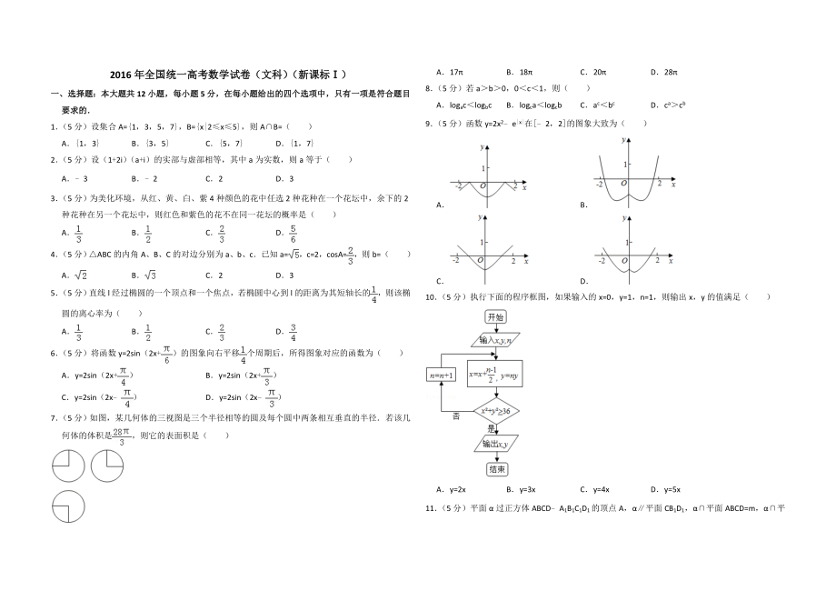 2016年全国统一高考数学试卷（文科）（新课标ⅰ）（原卷版）.doc_第1页