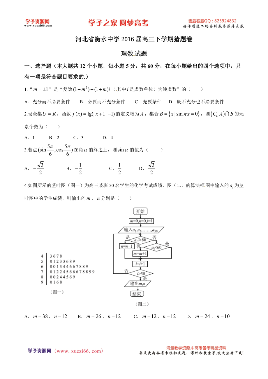 精品解析：【全国百强校】河北省衡水中学2016届高三下学期猜题卷理数试题解析（原卷版）.doc_第1页