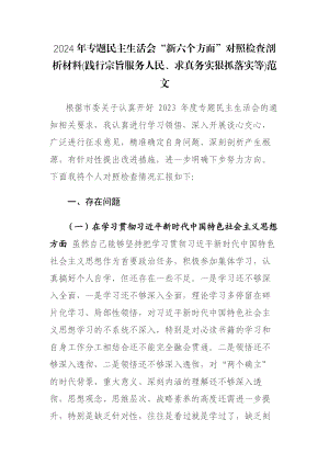 2024年专题民主生活会“新六个方面”对照检查剖析材料(践行宗旨服务人民、求真务实狠抓落实等)范文.docx