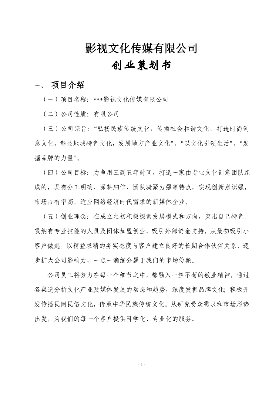 影视文化传媒有限公司创业策划书精讲.doc_第1页