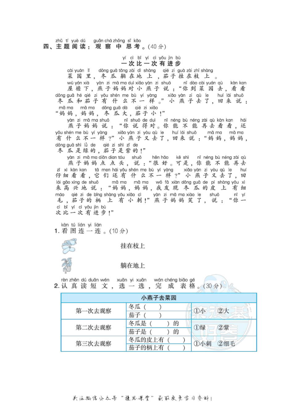 一年级上册语文部编版主题突破卷4“观察”（含答案）.pdf_第2页