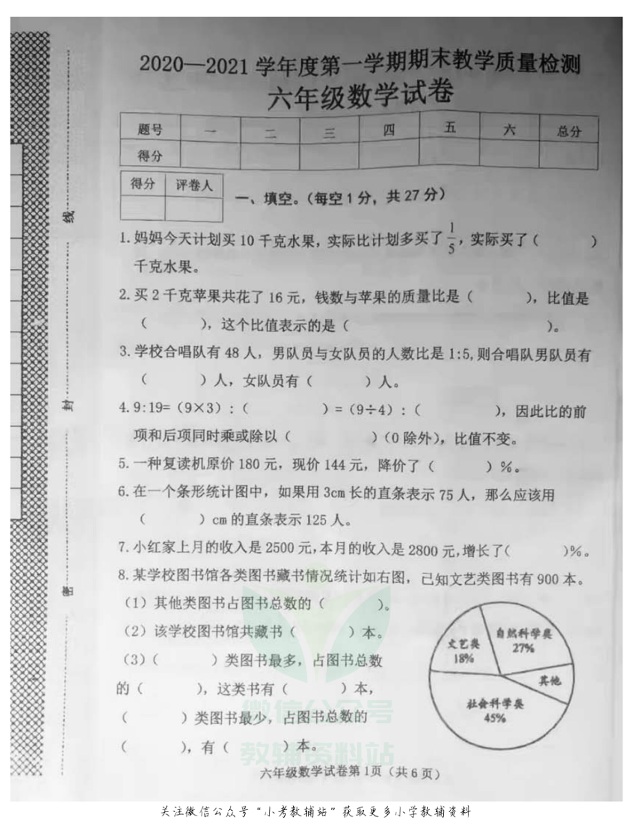 河北省邯郸市临漳县2020-2021六年级数学上册期末真题-冀教版-无答案 图片版.pdf_第1页