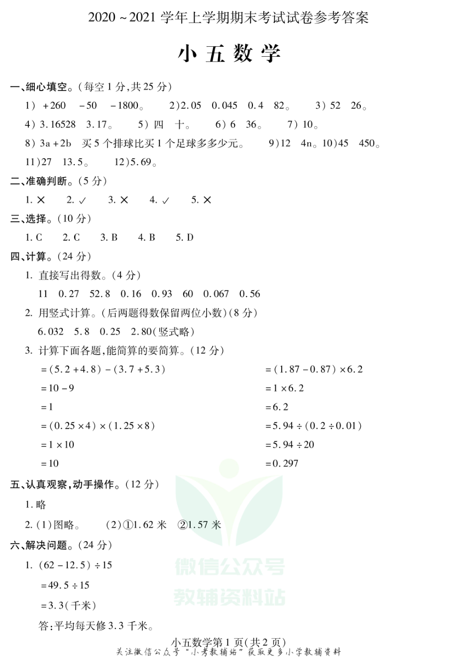 河南省平顶山市郏县数学五年级2020-2021学年上学期期末考试卷（苏教版）答案.pdf_第1页