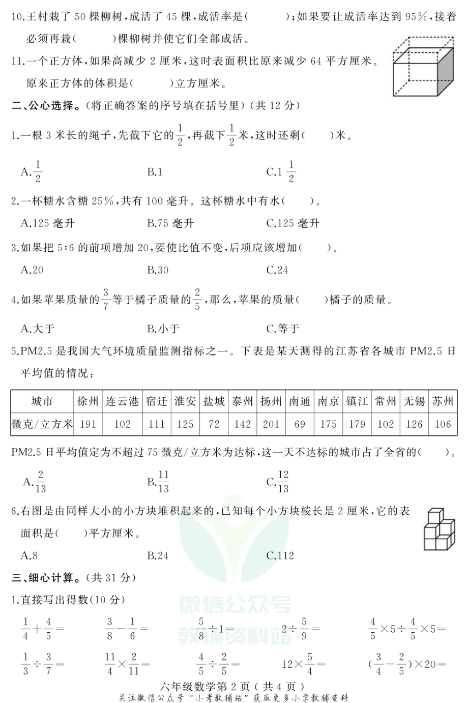 河南省平顶山市叶县数学六年级2020-2021学年第一学期期末质量检测试卷（苏教版PDF版含答案）.pdf_第2页