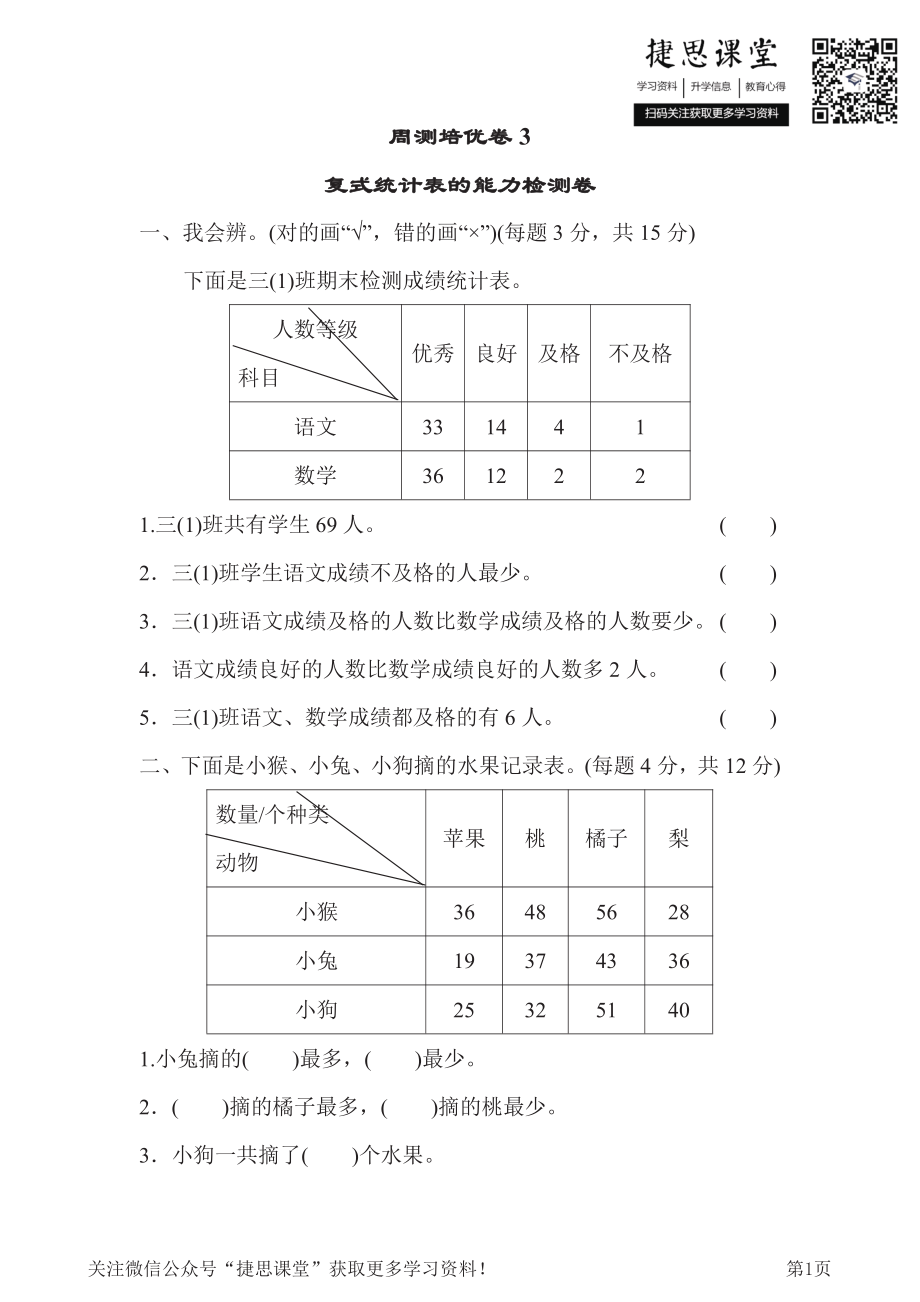 三年级下册数学人教版周测培优卷3（含答案）.pdf_第1页