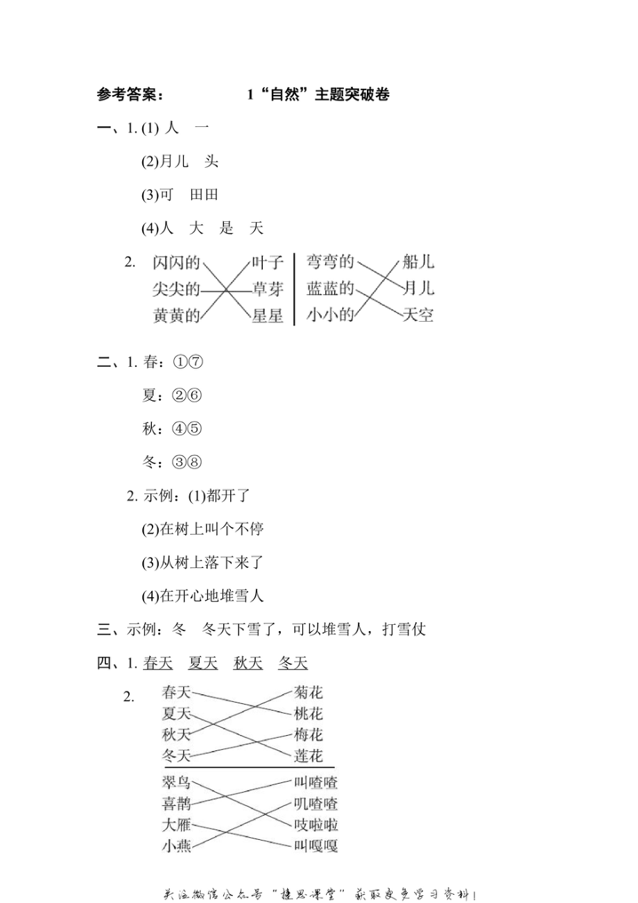 一年级上册语文部编版主题突破卷1“自然”（含答案）.pdf_第3页