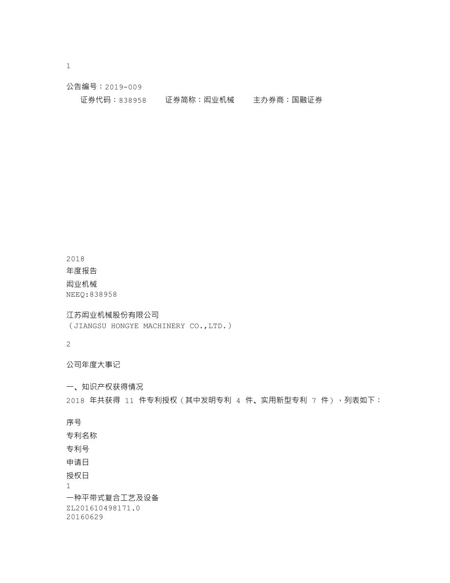 838958_2018_闳业机械_2018年年度报告_2019-04-29.txt_第1页