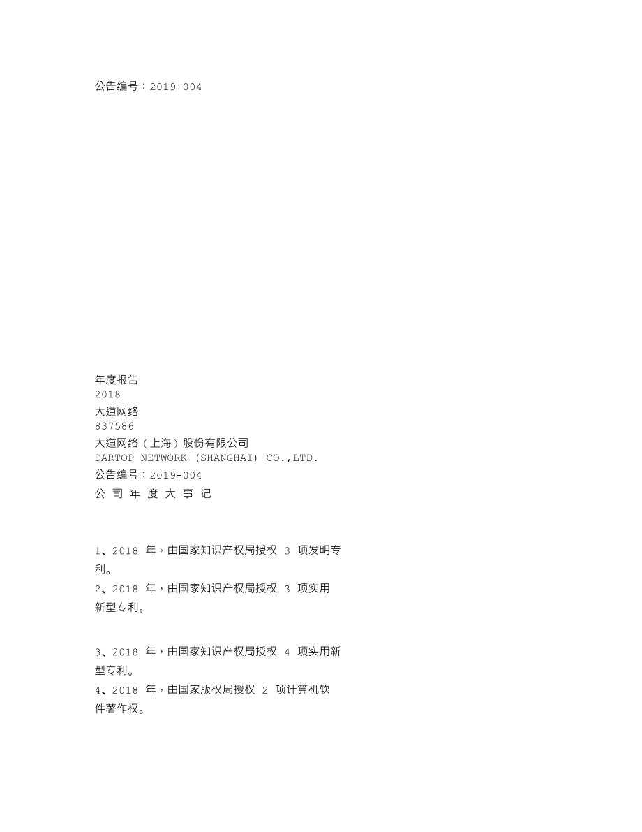 837586_2018_大道网络_2018年年度报告_2019-04-16.txt_第1页