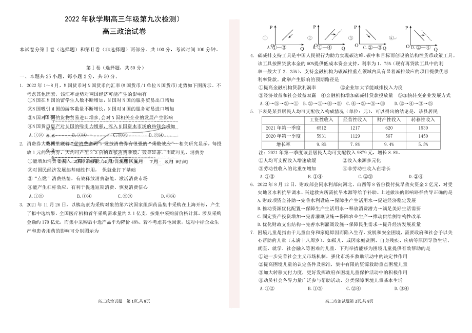 甘肃省张掖市某重点校2023届高三上学期第九次检测政治试题+Word版无答案.doc_第1页