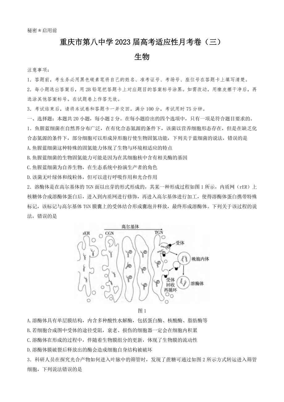 重庆市第八中学2022-2023学年高三上学期高考适应性月考卷（三）生物试卷.docx_第1页