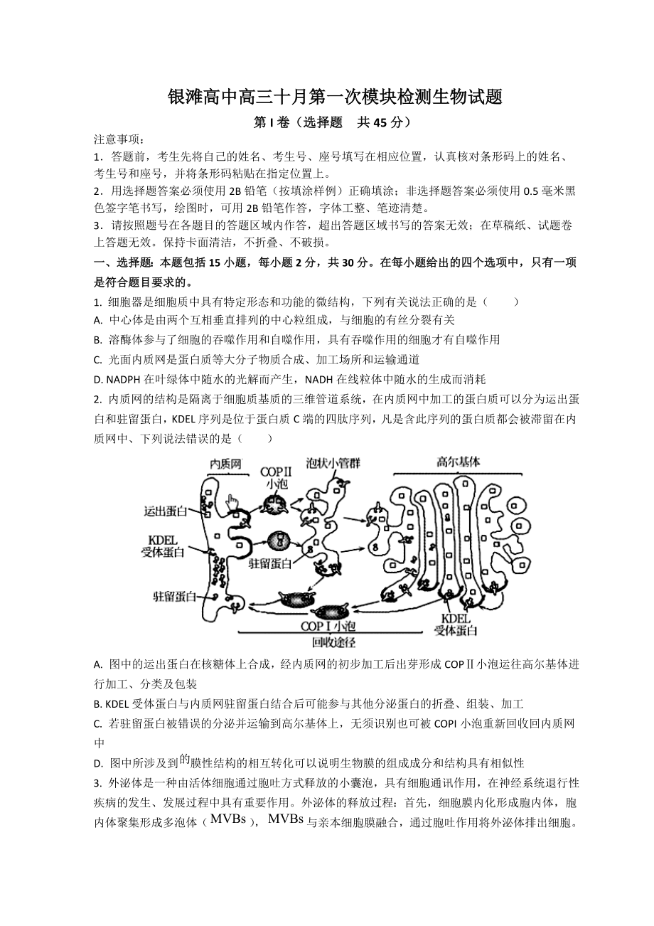 山东省威海市乳山银滩高级中学2023届高三上学期10月第二次月考生物试题+Word版含答案.doc_第1页