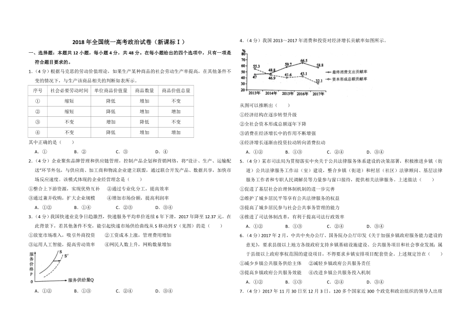 2018年全国统一高考政治试卷（新课标ⅰ）（原卷版）(1).doc_第1页