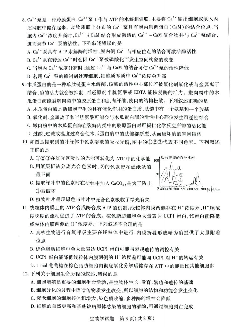 安徽省卓越县中联盟2022-2023学年高三上学期第一次联考生物试题.docx_第3页