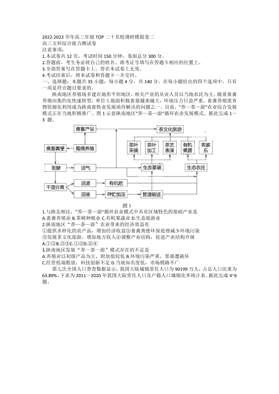 河南省TOP二十名校2022-2023学年高三上学期调研模拟卷（二）文科综合试题.docx_第1页