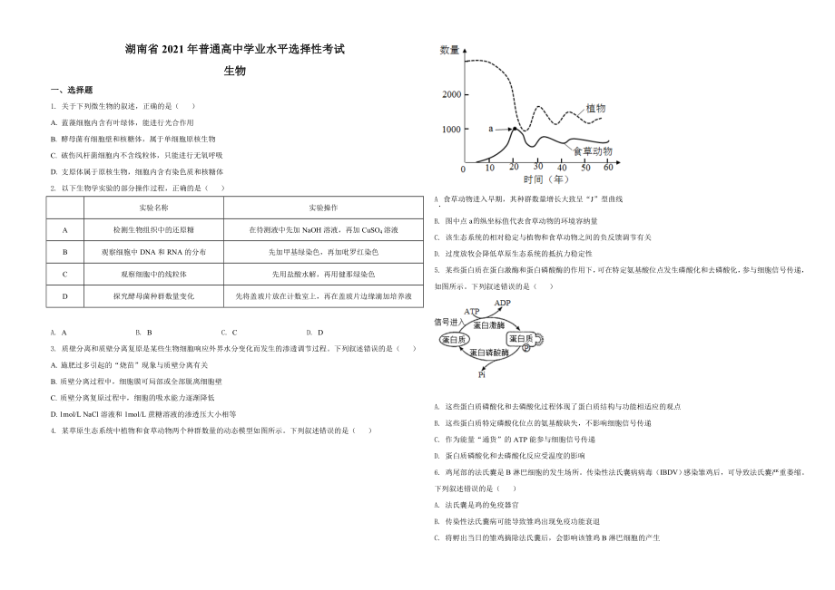 2021年湖南高考生物（新高考）（原卷版）.doc_第1页