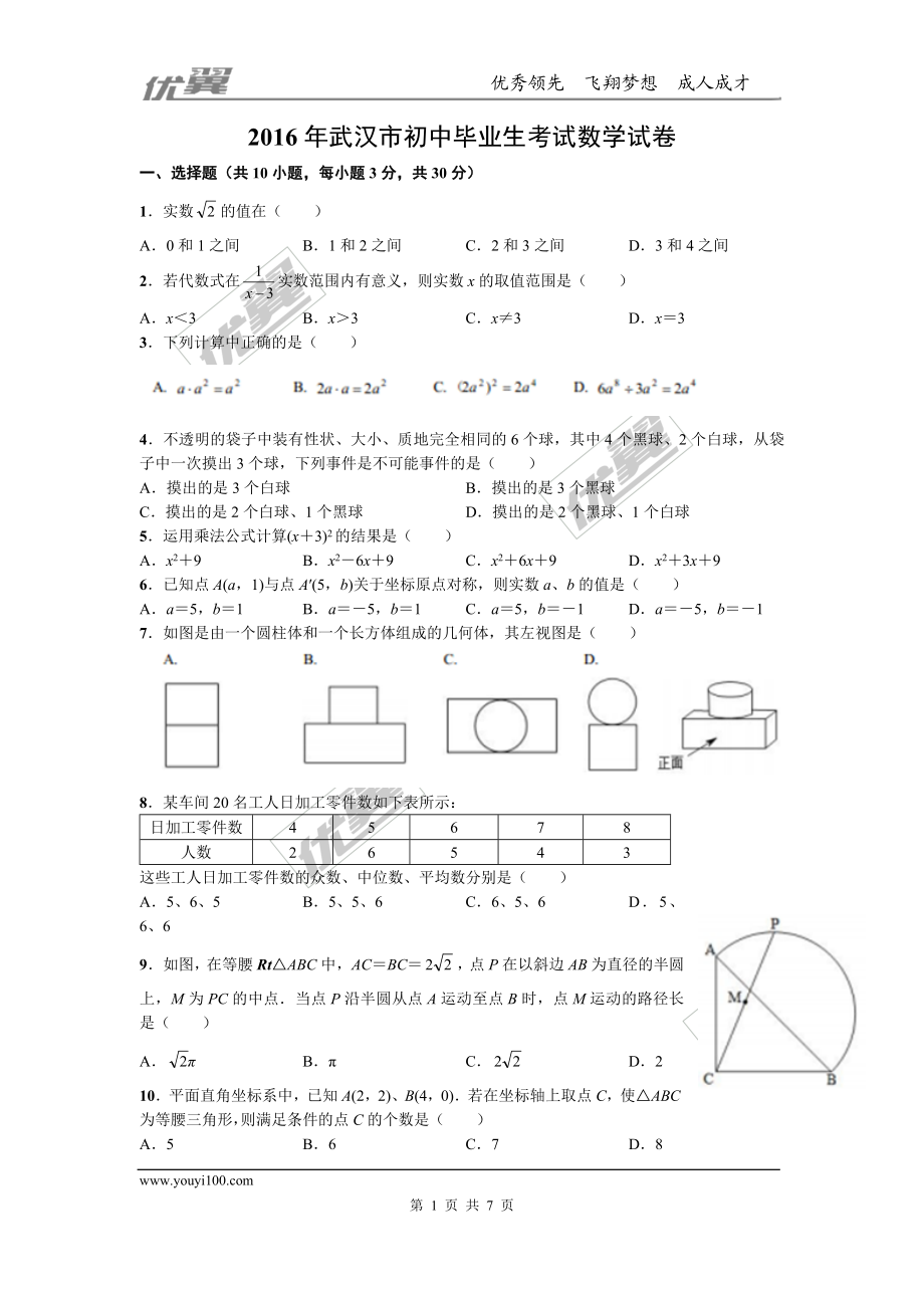 2016年湖北省武汉市中考试题【jiaoyupan.com教育盘】.doc_第1页