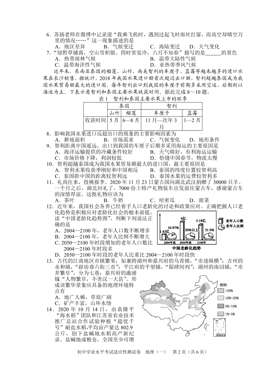 2021年湖南省长沙市初中学业水平考试适应性测试地理试题（一）.doc_第2页