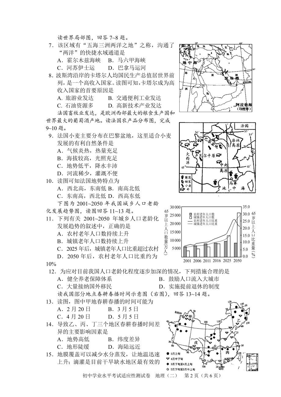 2021年湖南省长沙市初中学业水平考试适应性测试地理试题（二）.doc_第2页