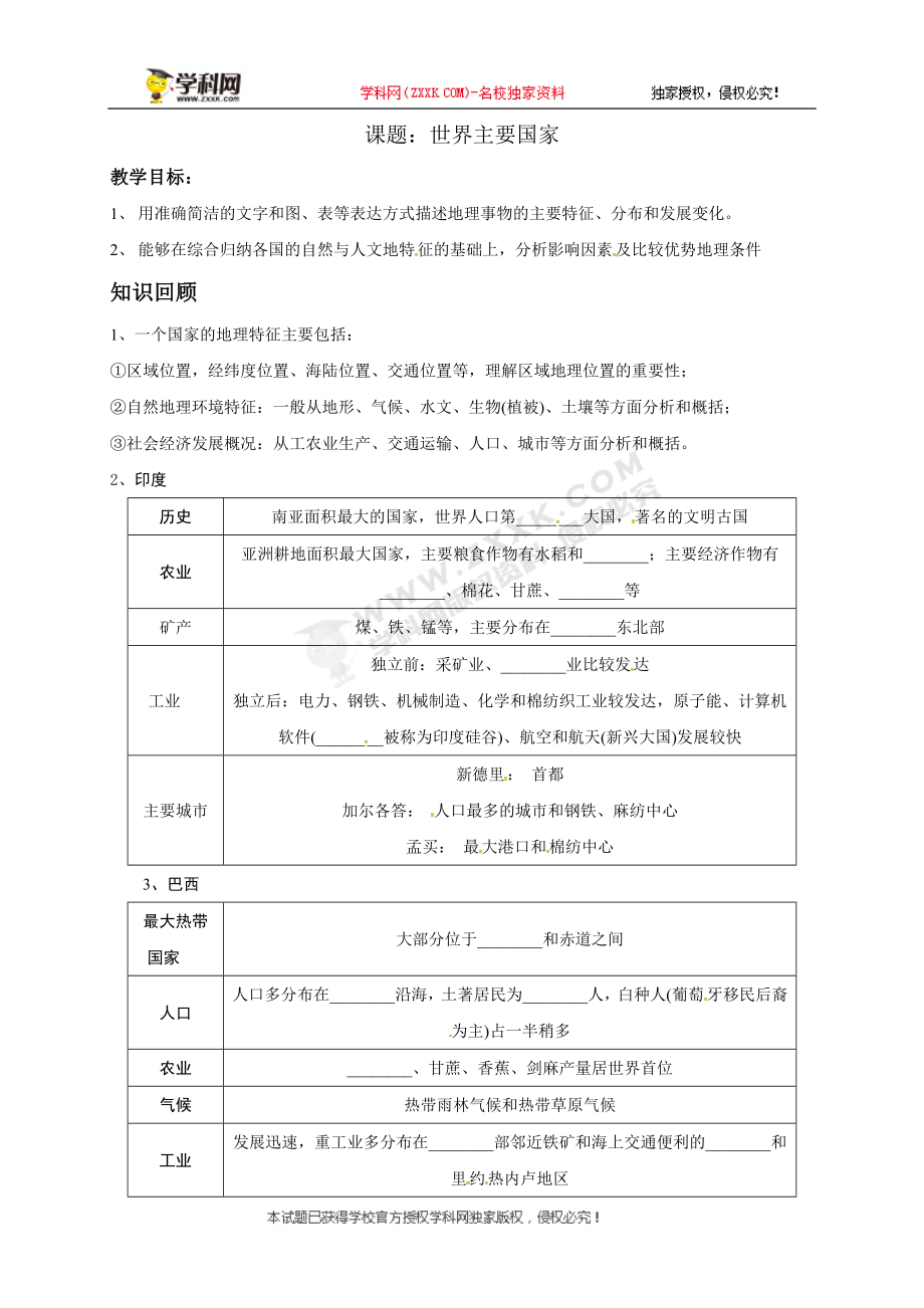 [中学联盟]江苏省徐州经济技术开发区高级中学2018届高考地理一轮复习教案：世界主要国家.doc_第1页