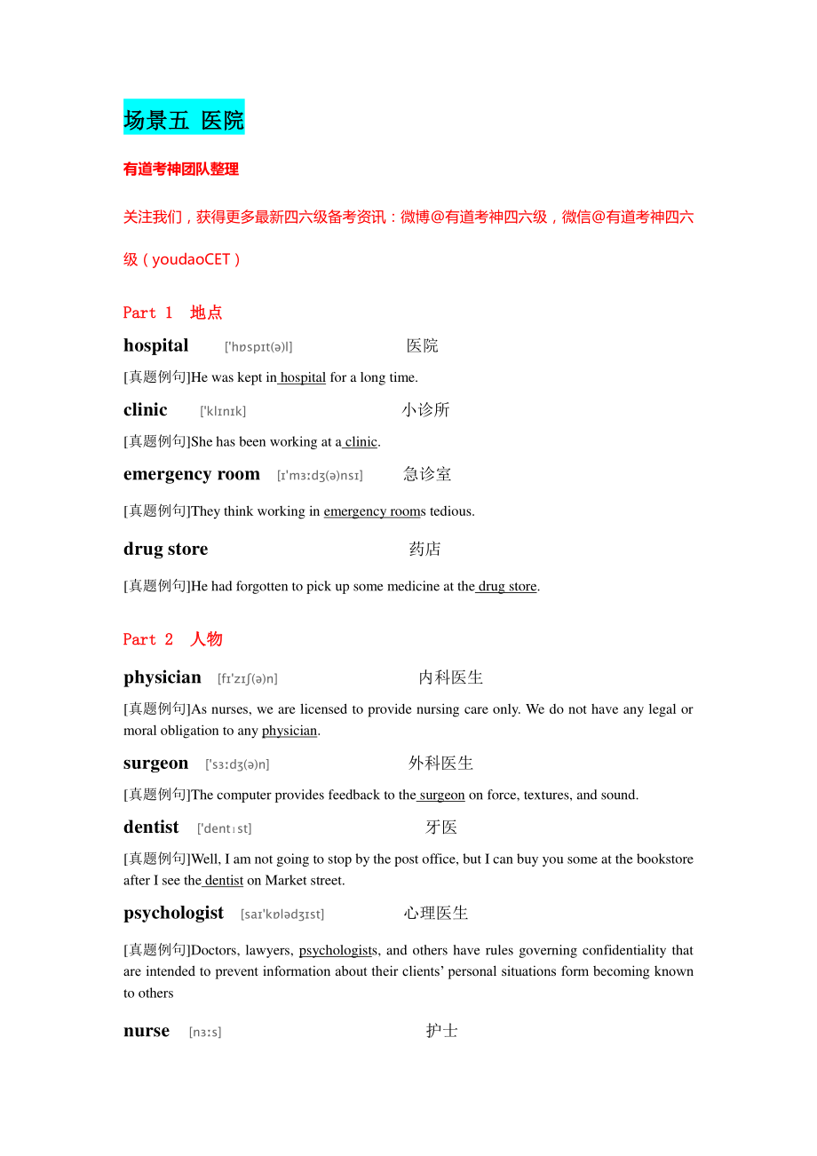 四六级听力高频场景词（五）医院篇.pdf_第1页