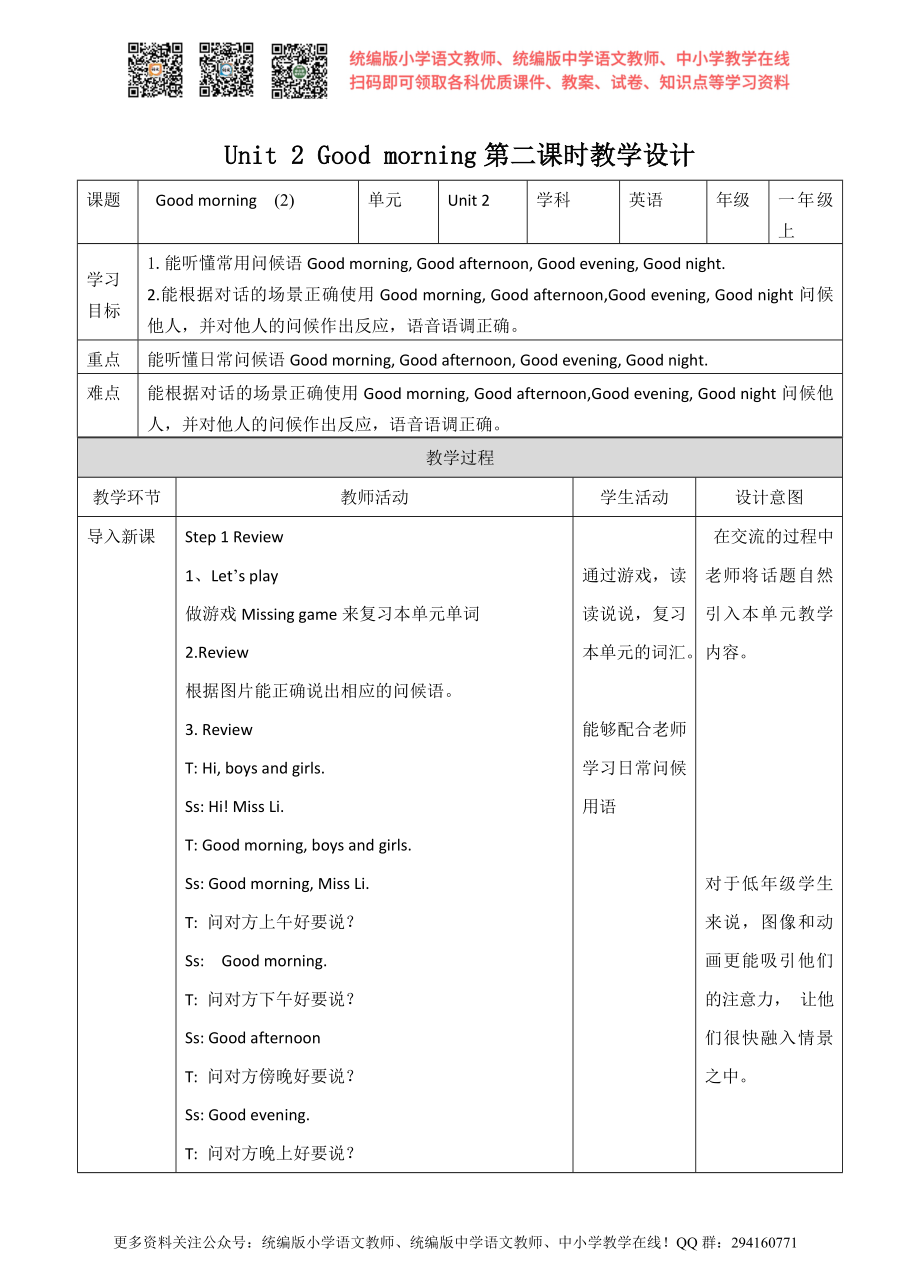 Unit 2 Good morning(2) 教案.doc_第1页