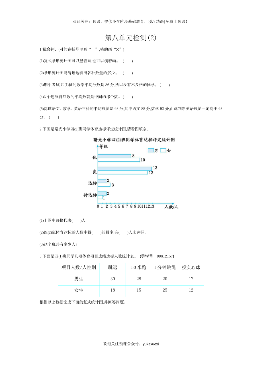 新人教版小学四年级下册数学第八单元《平均数与条形统计图》测试卷免费下载有答案.docx_第1页